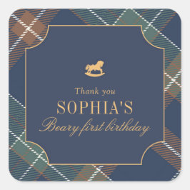 Adesivo Quadrado Classic Navy Plaid Teddy Bear Girl Birthday