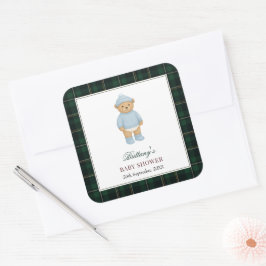 Adesivo Quadrado Classic Preppy Bear Designer Plaid Baby Shower