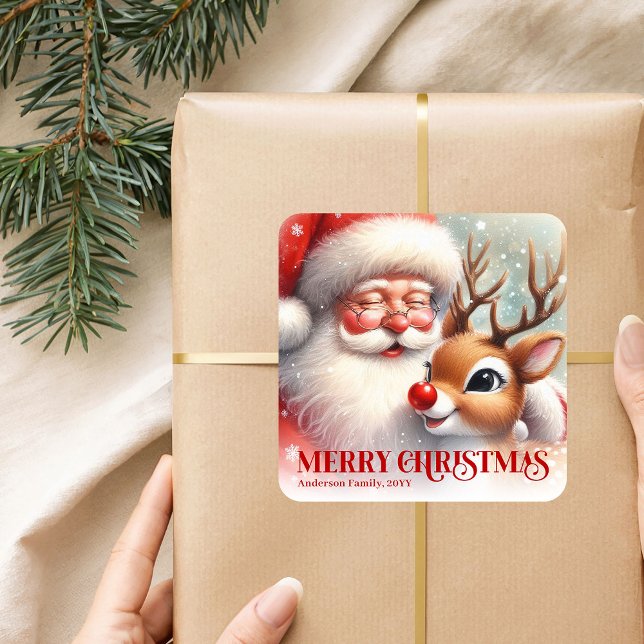 Adesivo Quadrado Classic Santa Rudolph Personalized Merry Christmas (Classic Santa Rudolph Personalized Merry Christmas Sticker)