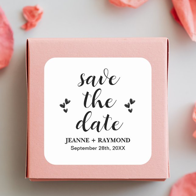Adesivo Quadrado Clássico Anúncio de Noivado Save The Date (Classic square save the date sticker adds timeless elegant charm to wedding announcements.)