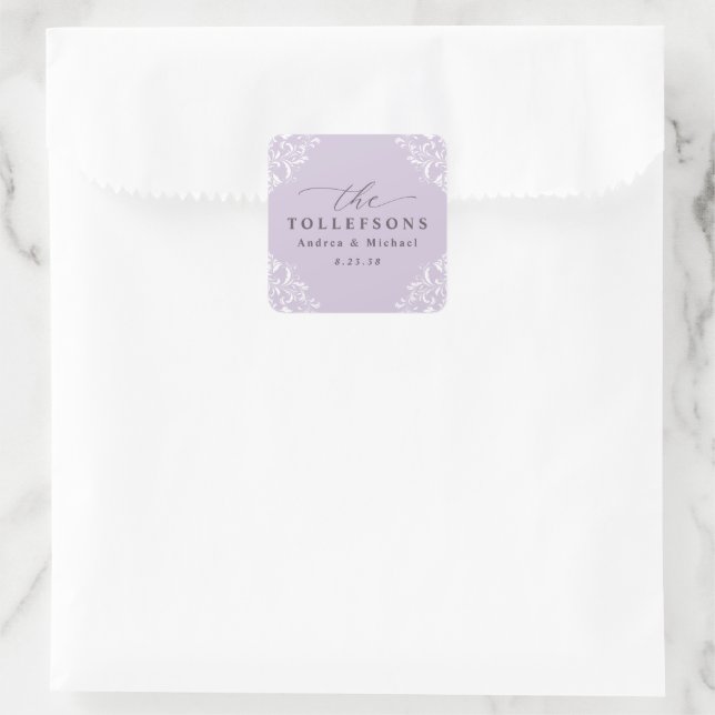Adesivo Quadrado Clássico de Casamento Roxo da Lavanda Elegante (Bolsa)