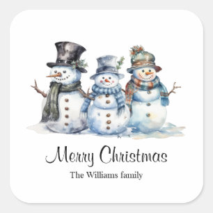 Adesivo Quadrado Clássico de Natal Aquarela Snowman