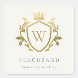 Adesivo Quadrado Clássico Elegante Dourado Monograma Fleal Crest