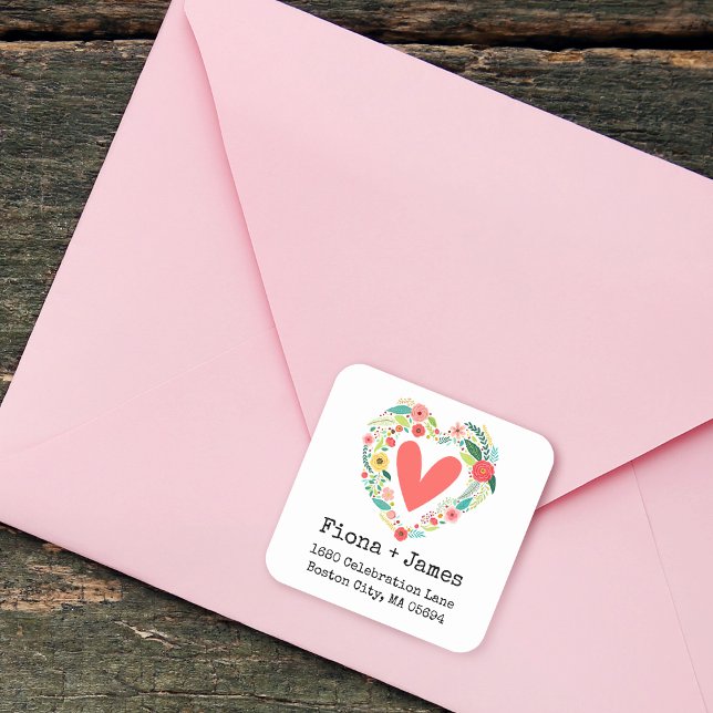 Adesivo Quadrado Clássico Floral Heart Wreath Return Endereço (Classic Floral Heart Wreath Return Address Square Sticker)