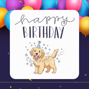 Adesivo Quadrado Clássico Moderno Cachorrinho Fofo Feliz Aniversári
