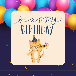 Adesivo Quadrado Clássico Moderno Simples Feliz Aniversário Gato