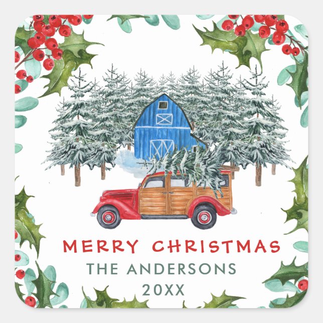 Adesivo Quadrado Clássico Retrô Rústico Caminhão Vermelho Natal Fel (Frente)