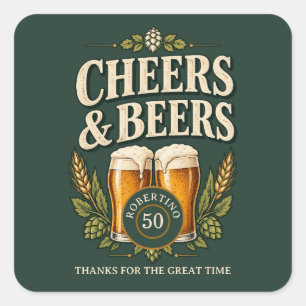 Adesivo Quadrado Clássico Vintage Cheers & Beers de 50 Anos de Idad