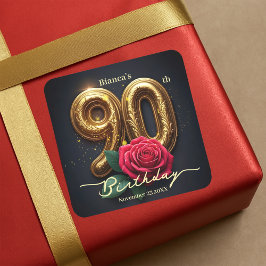 Adesivo Quadrado Classy Chic Red Rose Ornate Golden 90th Birthday