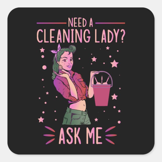 Adesivo Quadrado Cleaning Lady Housekeeper Housekeeping Cleaner Gra (Frente)