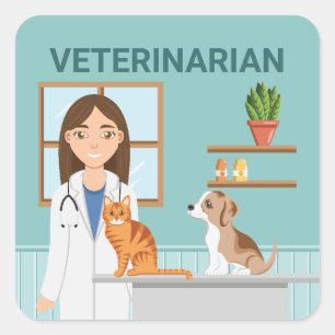 Adesivo Quadrado Clínica Veterinária Mulher Veterinária Com Gato E