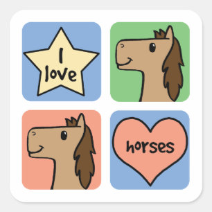 Adesivo Quadrado Clipart de desenho animado fofo Eu amo cavalos