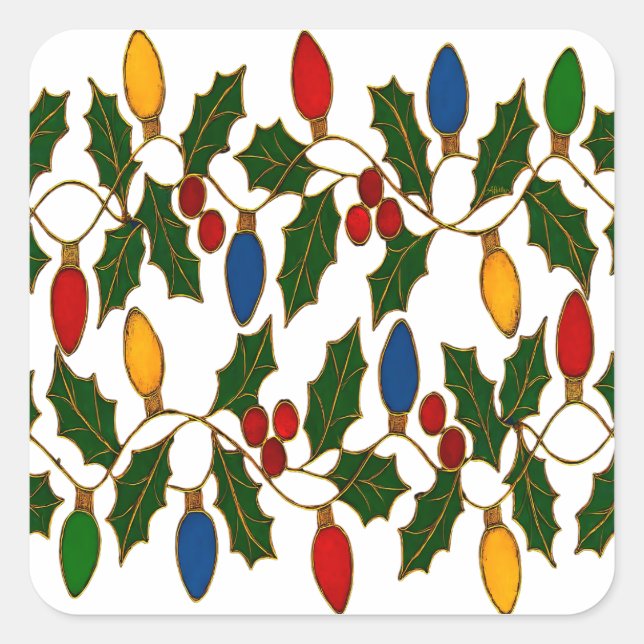 Adesivo Quadrado Cloisonne Art Christmas Lights and Holly (Frente)