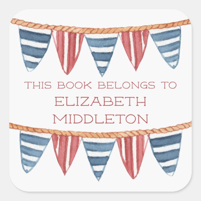 Adesivo Quadrado Coastal Nautical Beach Flags Bookplate (Frente)