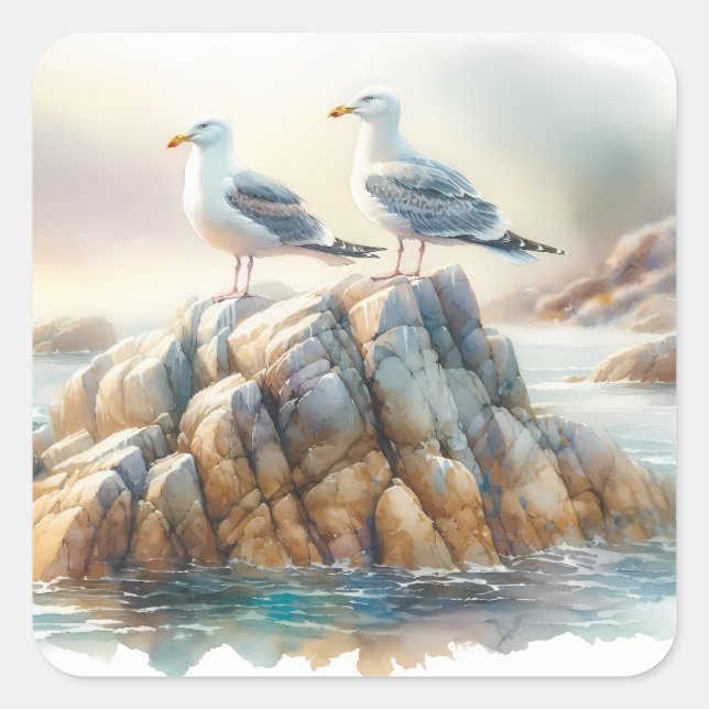 Adesivo Quadrado Coastal Seagulls Watercolor Seascape (Frente)