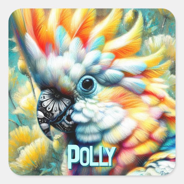 Adesivo Quadrado Cockatoo Bird Yellow Poppies Personalized (Frente)