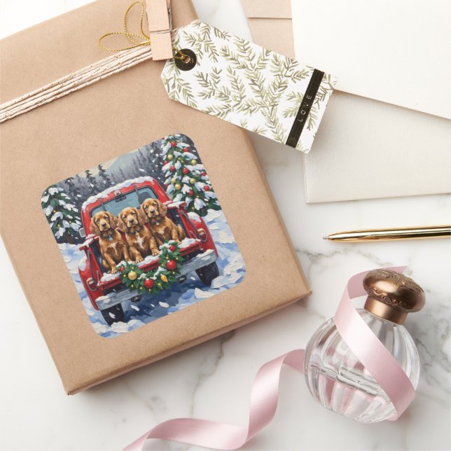 Adesivo Quadrado Cocker Spaniel Christmas Red Truck Holiday (Presentear)