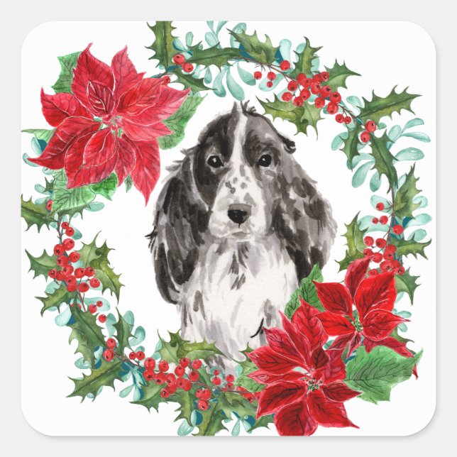 Adesivo Quadrado Cocker Spaniel Poinsettia, Terra de Natal (Frente)