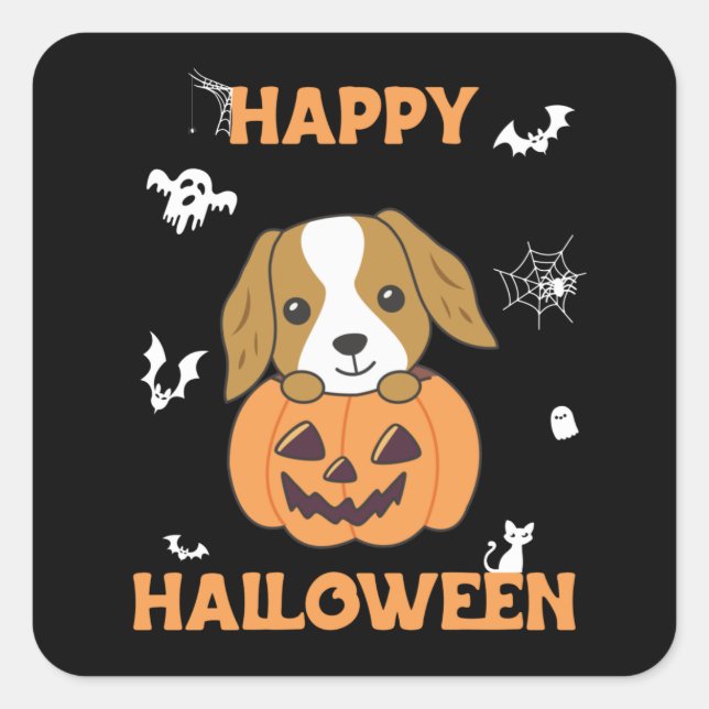 Adesivo Quadrado Cocker Spaniel Pumpkin Cute Dogs Feliz Halloween S (Frente)