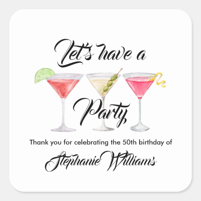Adesivo Quadrado Cocktail de verão 50ª festa de aniversário (Frente)