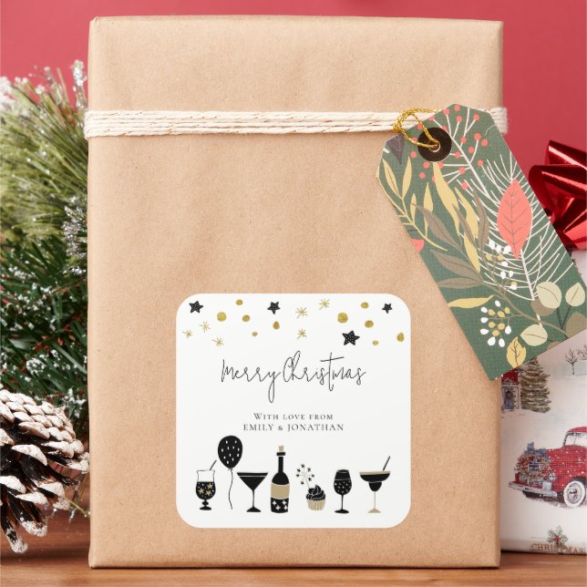 Adesivo Quadrado Cocktails Balões de Bolo Dourados Negro Feliz Nata (Feriado)