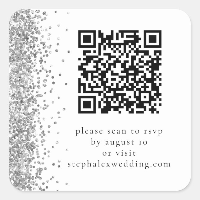 Adesivo Quadrado Código de QR da Silver Glitter para Casamento de R (Frente)