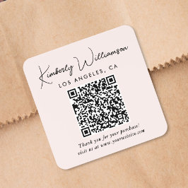 Adesivo Quadrado Código QR de agradecimento rosa em Elegant Script