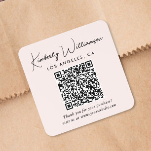 Adesivo Quadrado Código QR de agradecimento rosa em Elegant Script