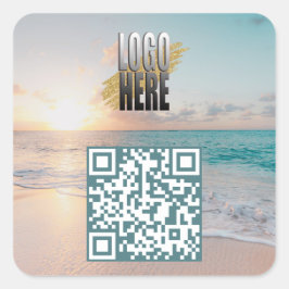 Adesivo Quadrado Código QR de foto de praia com logotipo de empresa