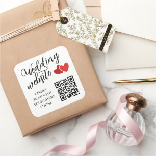 Adesivo Quadrado Código QR do Site de Casamento Dois Corações Verme