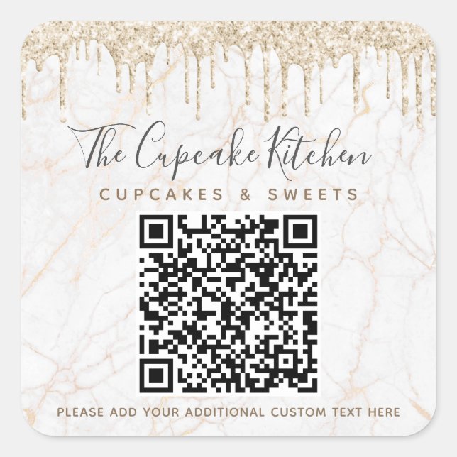 Adesivo Quadrado Código QR Dourado Glitter Marble Drives Nome de Ne (Frente)