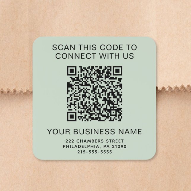 Adesivo Quadrado Código QR Empresarial Verde Sage (Business QR Code Sage Green Square Sticker)