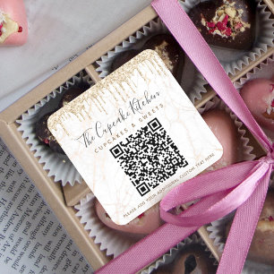 Adesivo Quadrado Código QR Nome da Empresa Glitter Dourado Mármore
