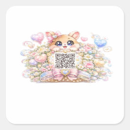 Adesivo Quadrado Código QR Personalizado Kawaii Gatinho Floral Rosa