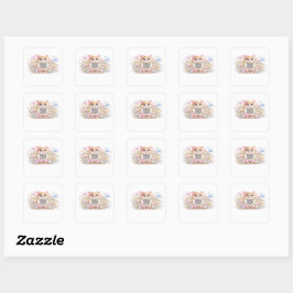 Adesivo Quadrado Código QR Personalizado Kawaii Gatinho Floral Rosa