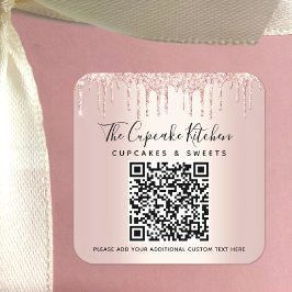 Adesivo Quadrado Código QR Rosa de Glitter Dourado Nome de Negócios