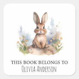 Adesivo Quadrado Coelhinho Bonito com Flores Amarelas Este Livro Pe