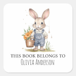 Adesivo Quadrado Coelhinho Bonito com Flores Este Livro Pertence