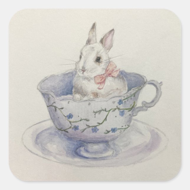 Adesivo Quadrado Coelhinho de Aquarelas no Teacup Floral (Frente)