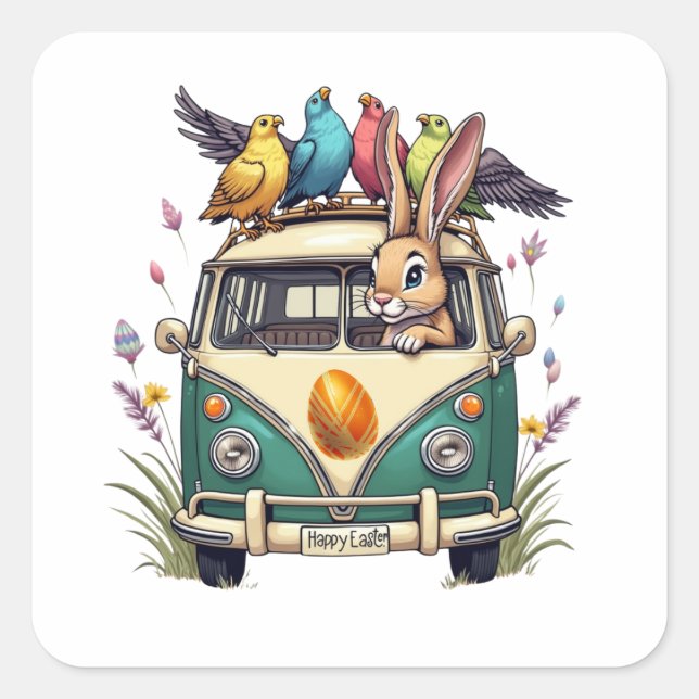 Adesivo Quadrado Coelhinho de Páscoa em um Ônibus com Amigos de Pás (Frente)