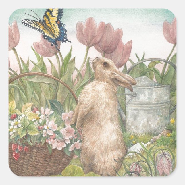 Adesivo Quadrado Coelhinho de Primavera ilustrado no Jardim (Frente)