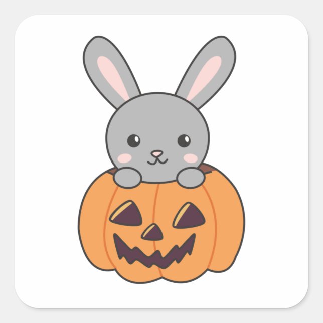 Adesivo Quadrado Coelhinho De Pumpkin Cute Bunnies Feliz Halloween (Frente)