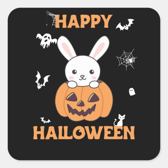 Adesivo Quadrado Coelhinho De Pumpkin Cute Bunnies Feliz Halloween (Frente)
