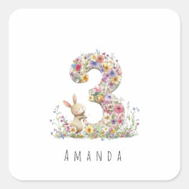 Adesivo Quadrado Coelhinho Floral do Terceiro Aniversário
