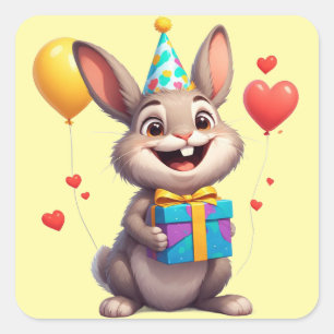 Adesivo Quadrado 🐰 Coelhinho Fofo Com Presente De Aniversário