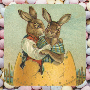 Adesivo Quadrado Coelhinhos da Páscoa do Victorian do vintage, ovo