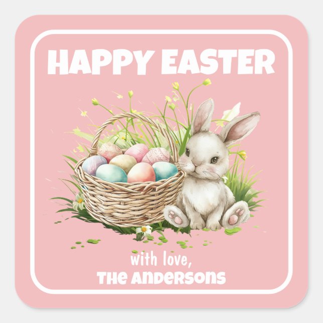 Adesivo Quadrado Coelho Aquarela + Cesto|Felz pascoa (Frente)