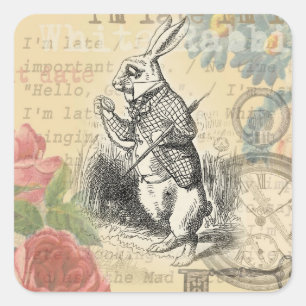 Adesivo Quadrado Coelho Branco Aventuras de Alice no País das Marav