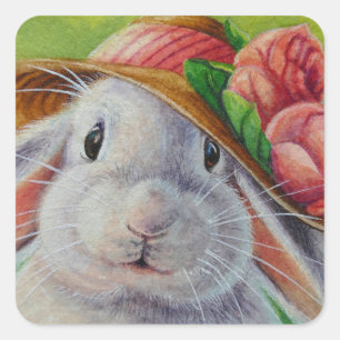 Adesivo Quadrado Coelho Branco na Arte de Aquarela de Primavera Bon