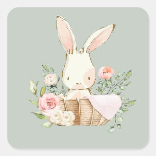 Adesivo Quadrado Coelho Bunny de Aquarela Verde Sage